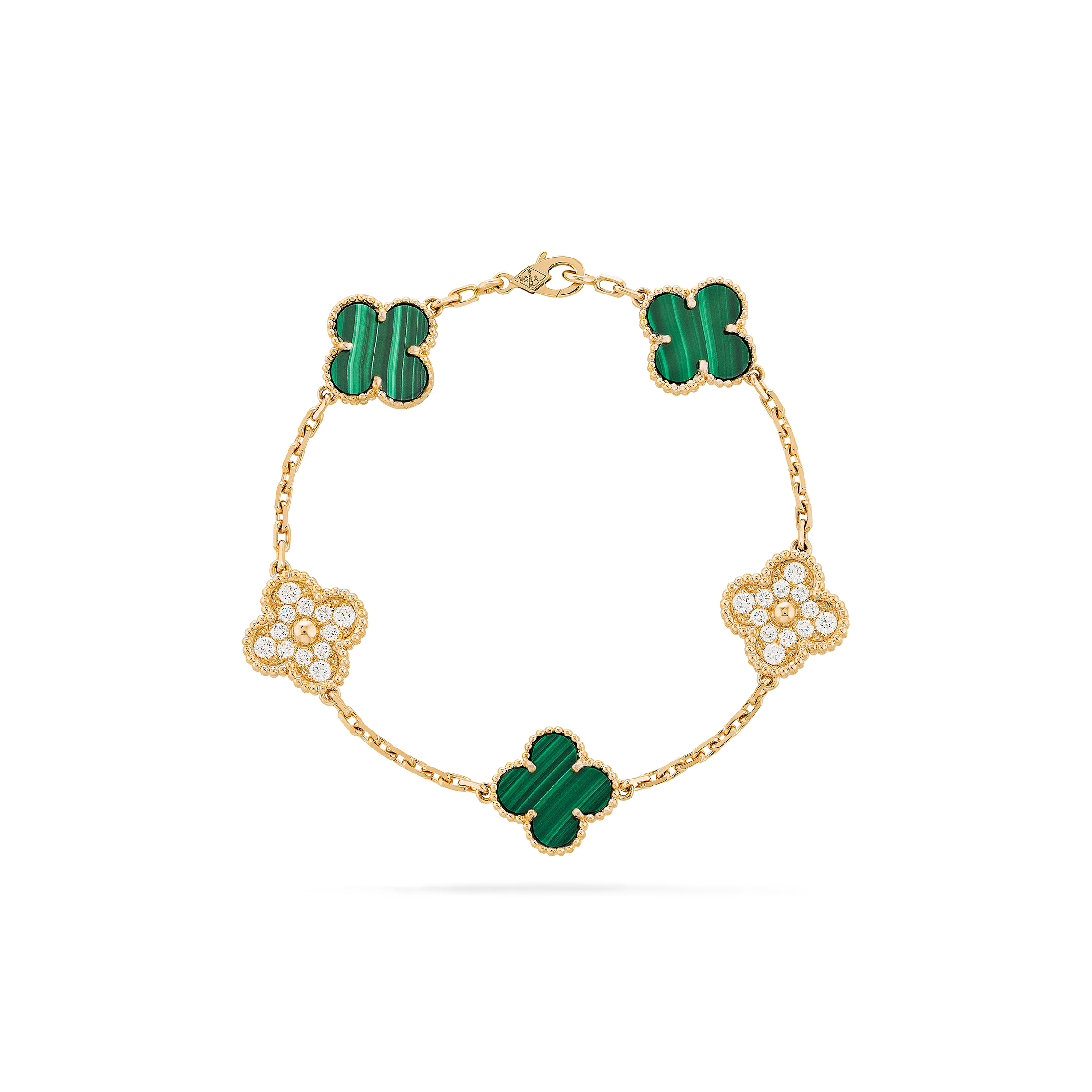 VAN CLEEF ARPELS VINTAGE ALHAMBRA BRACELET, 5 MOTIFS - YELLOW GOLD, DIAMOND, MALACHITE  VCARO7GQ00